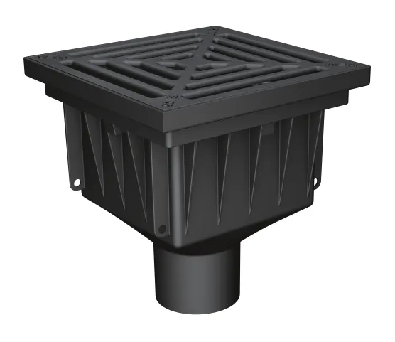 Vpusť dvorní MEA PARK PE-HD bodová svislá DN100 + litin. rošt B125 kN + koš na nečistoty