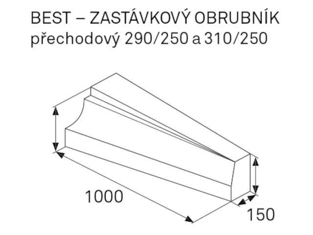 obrubník BEST zastávkový bus přechodový 1000x150-400x250-290mm pravý