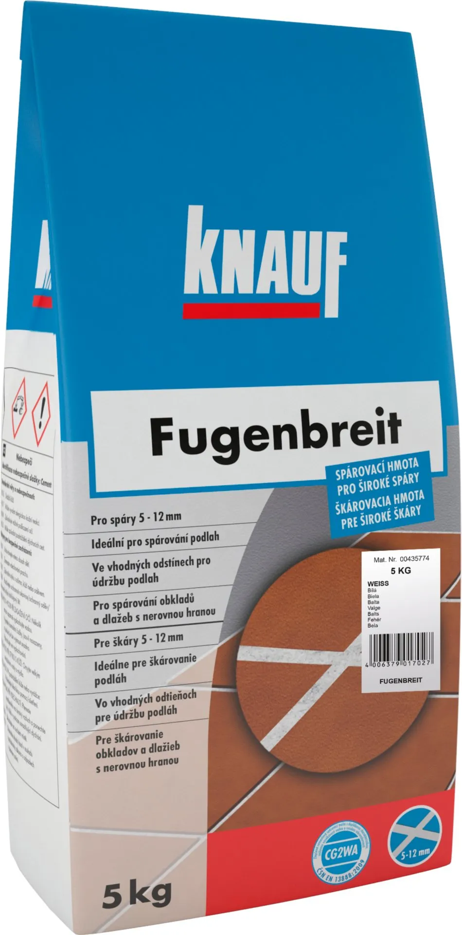 spárovací hmota KNAUF fugenbreit 5kg na spáry  5-12mm, bílá (pepř+sůl)