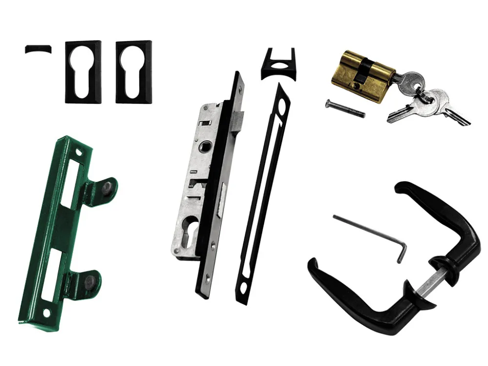 pletivo  set příslušenství pro dvoukřídlou bránu IDEAL, nerez štítek, vložka, krytka, klika, doraz